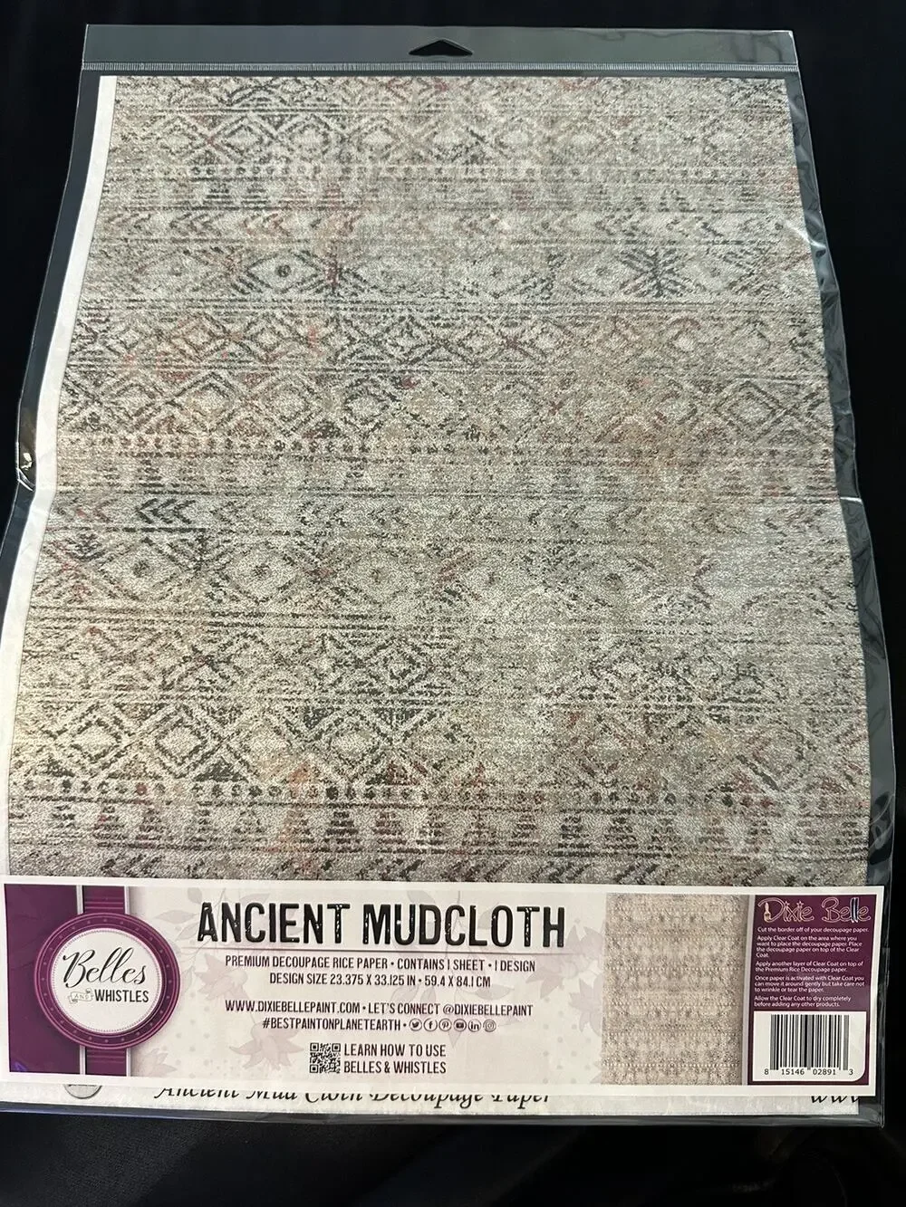 New Sealed Belles & Whistles Ancient Mudcloth Decoupage Rice Paper 23.375x33.12”